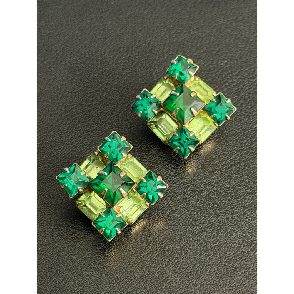 Vintage Rhinestone Clip On Earrings UV Reactive Glow Green Geometric Gold Tone